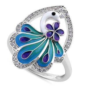 Sterling Silver Hand-Painted Multi-Colored Peacock Rhinestone Ring Womens